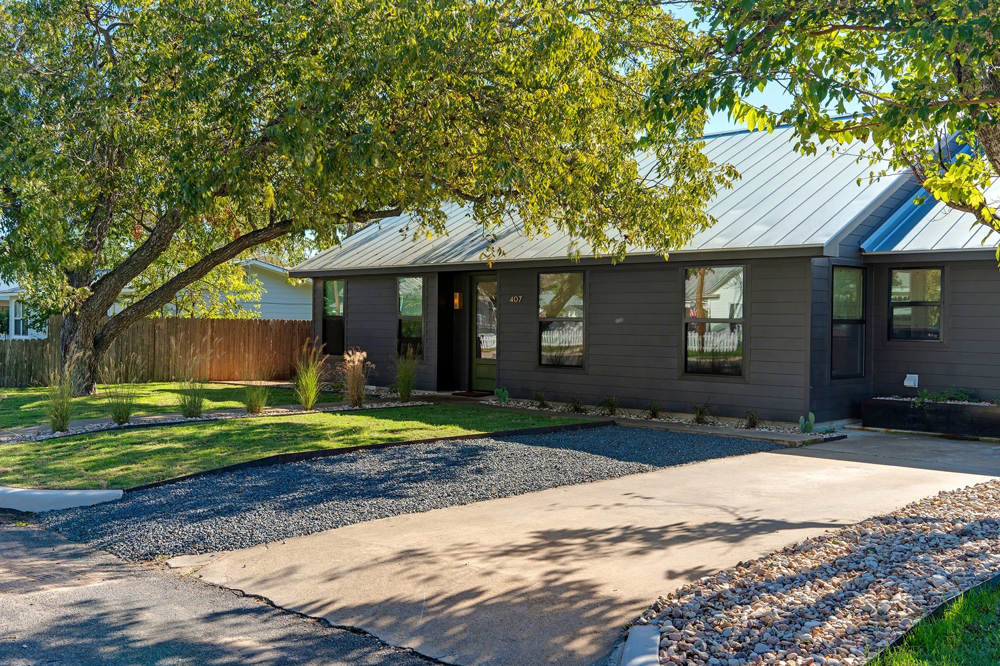 Driveway view of Casa Alegre vacation rental Fredericksburg Texas